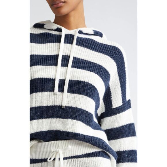 Eleventy Women's White Navy Blue Striped Cotton Linen Sweater Hoodie Size Large - Picture 2 of 7
